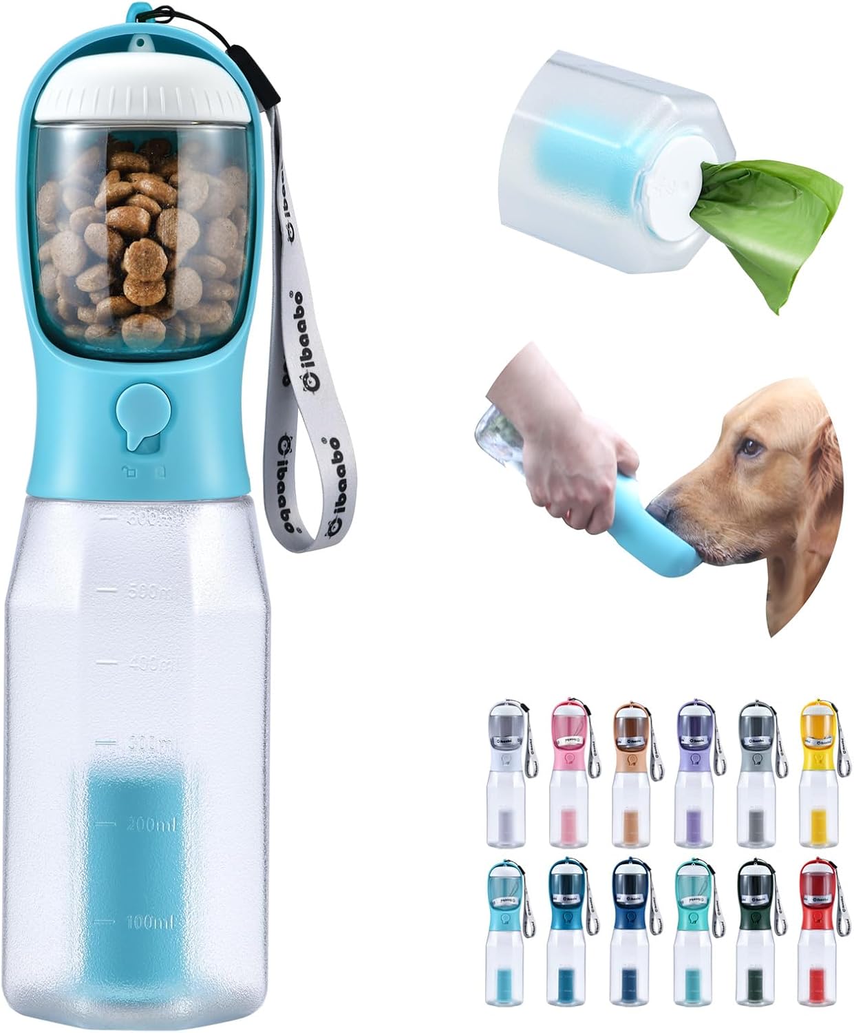 Cibaabo Dog Water Bottle with Food Container & Poop Bag Holder & Filter | Feeding & Hydration & Waste All in One | Travel Puppy Water Bowl | Portable Pet Dispenser | Dog Gifts | for Walking Beach - Image 11
