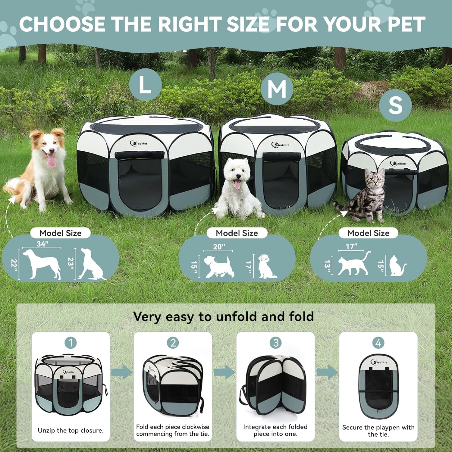 Siedihit Dog Cat Playpen, Puppy Pet Playpen Indoor for Small Dog Crate Tent Cage Outdoor, Portable Pop Up Dogs Enclosure Kennel with Carrying Case for Dogs/Cats/Rabbits(Grey, Small - Image 9