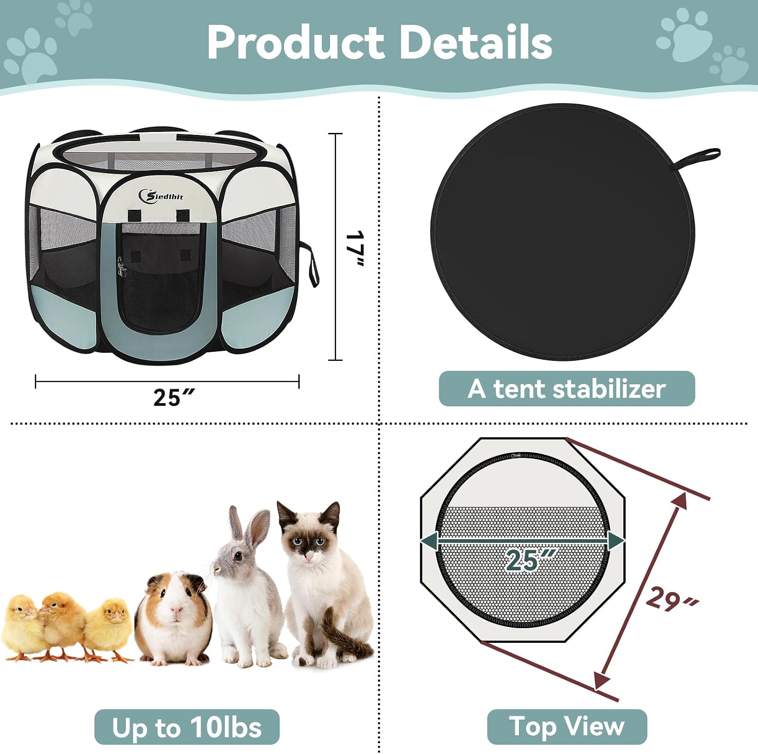 Siedihit Dog Cat Playpen, Puppy Pet Playpen Indoor for Small Dog Crate Tent Cage Outdoor, Portable Pop Up Dogs Enclosure Kennel with Carrying Case for Dogs/Cats/Rabbits(Grey, Small - Image 3