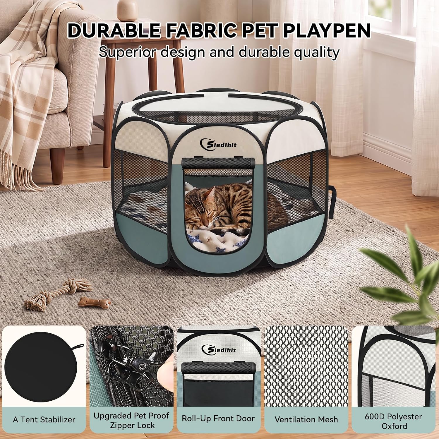 Siedihit Dog Cat Playpen, Puppy Pet Playpen Indoor for Small Dog Crate Tent Cage Outdoor, Portable Pop Up Dogs Enclosure Kennel with Carrying Case for Dogs/Cats/Rabbits(Grey, Small - Image 7