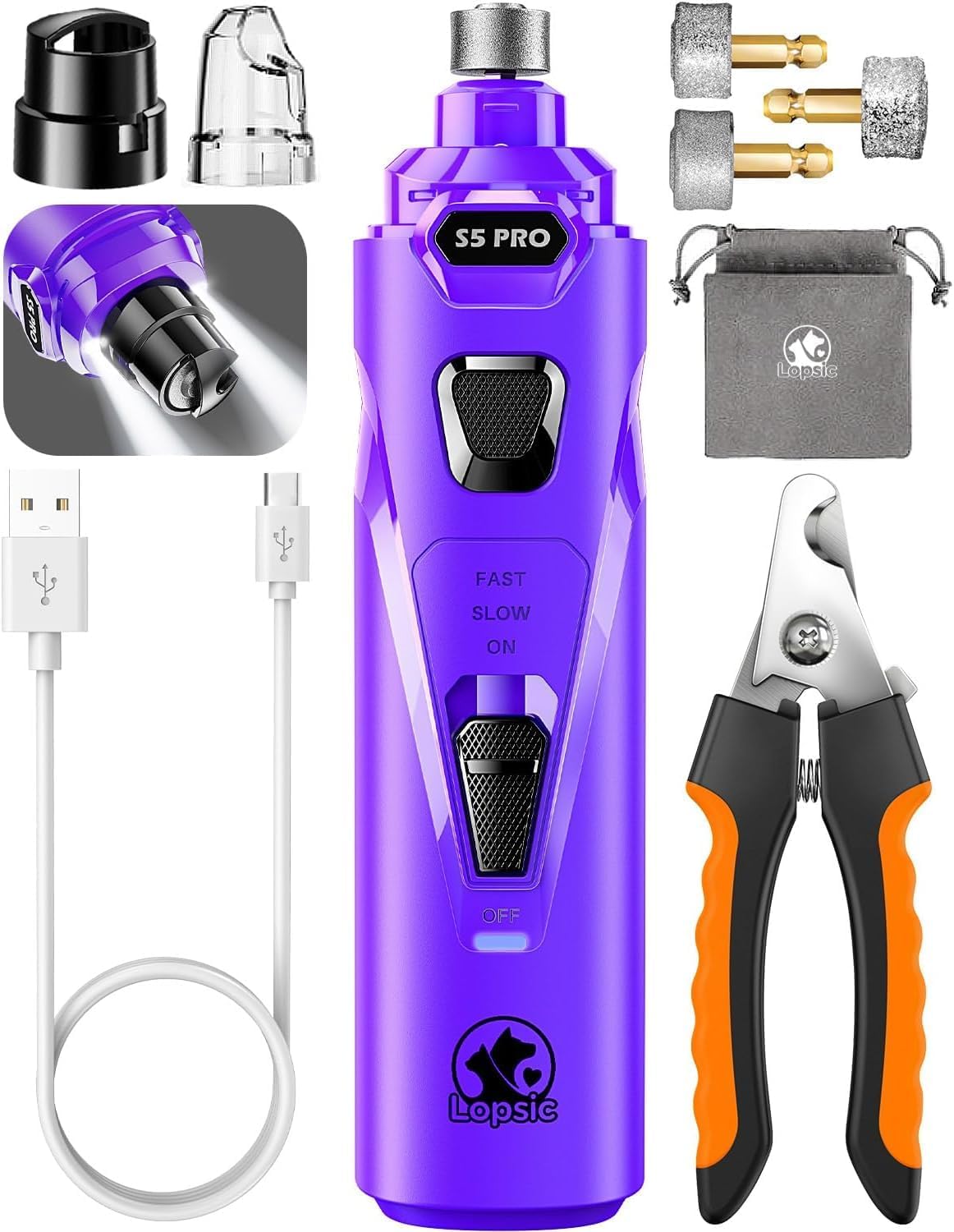 Whisper Quiet Dog Nail Grinder Safe & Stress-Free for Sensitive Dogs Cats | 4 LED Lights,3 Grinding Bits, 3-Speed, Pet Nail Trimmers, Rechargeable Painless Grooming Kit for All Breeds & Sizes - Image 14