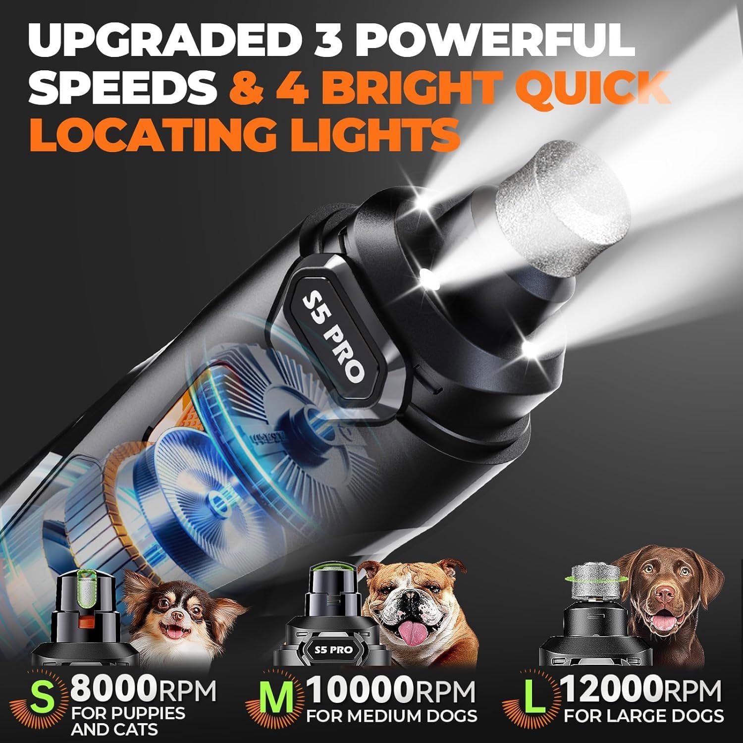 Whisper Quiet Dog Nail Grinder Safe & Stress-Free for Sensitive Dogs Cats | 4 LED Lights,3 Grinding Bits, 3-Speed, Pet Nail Trimmers, Rechargeable Painless Grooming Kit for All Breeds & Sizes - Image 3