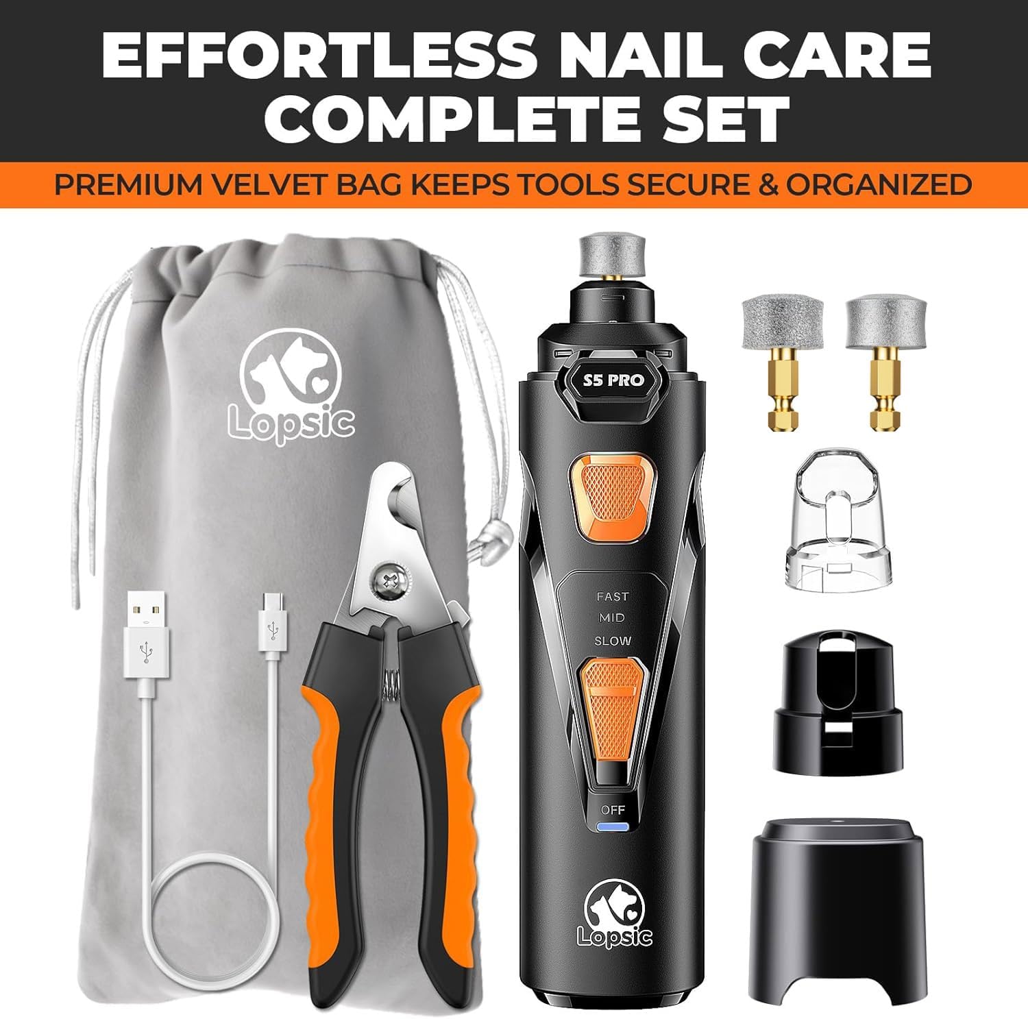 Whisper Quiet Dog Nail Grinder Safe & Stress-Free for Sensitive Dogs Cats | 4 LED Lights,3 Grinding Bits, 3-Speed, Pet Nail Trimmers, Rechargeable Painless Grooming Kit for All Breeds & Sizes - Image 9