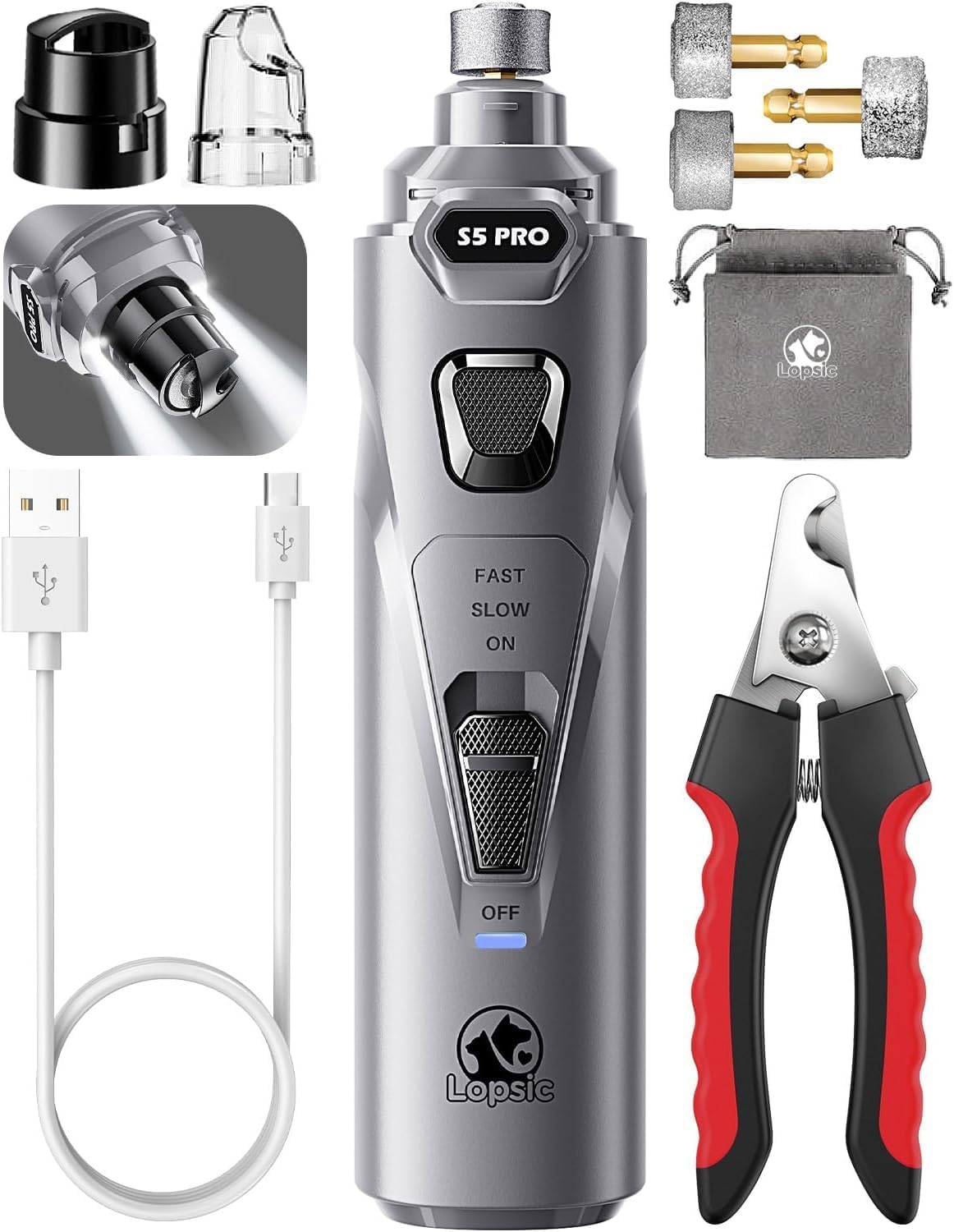 Whisper Quiet Dog Nail Grinder Safe & Stress-Free for Sensitive Dogs Cats | 4 LED Lights,3 Grinding Bits, 3-Speed, Pet Nail Trimmers, Rechargeable Painless Grooming Kit for All Breeds & Sizes - Image 11