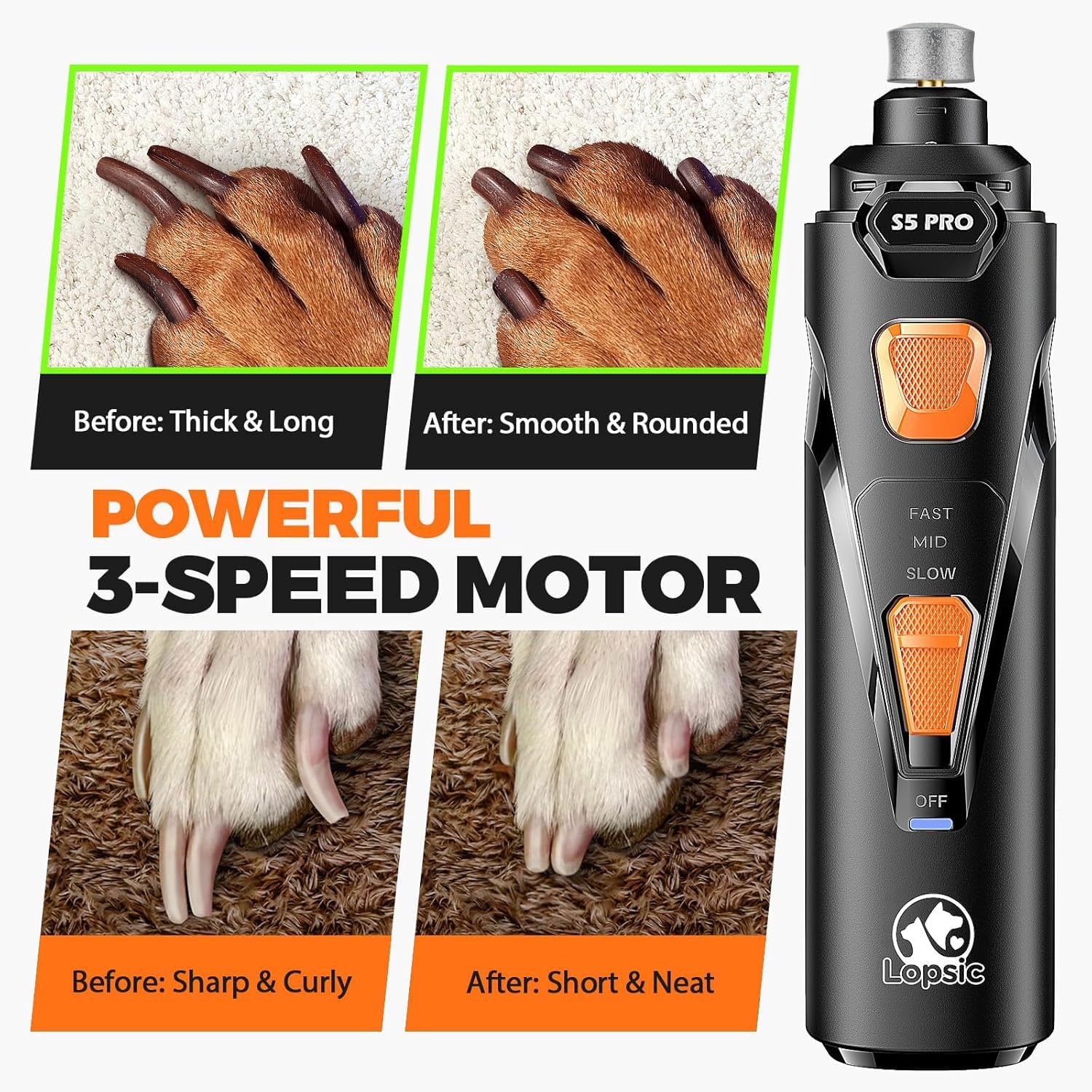 Whisper Quiet Dog Nail Grinder Safe & Stress-Free for Sensitive Dogs Cats | 4 LED Lights,3 Grinding Bits, 3-Speed, Pet Nail Trimmers, Rechargeable Painless Grooming Kit for All Breeds & Sizes - Image 4