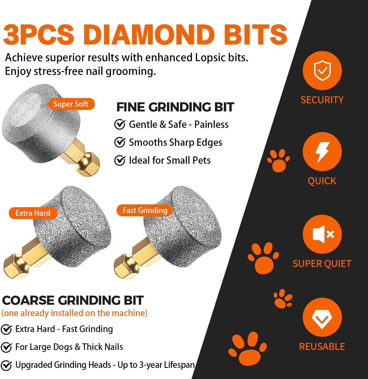 Whisper Quiet Dog Nail Grinder Safe & Stress-Free for Sensitive Dogs Cats | 4 LED Lights,3 Grinding Bits, 3-Speed, Pet Nail Trimmers, Rechargeable Painless Grooming Kit for All Breeds & Sizes - Image 5