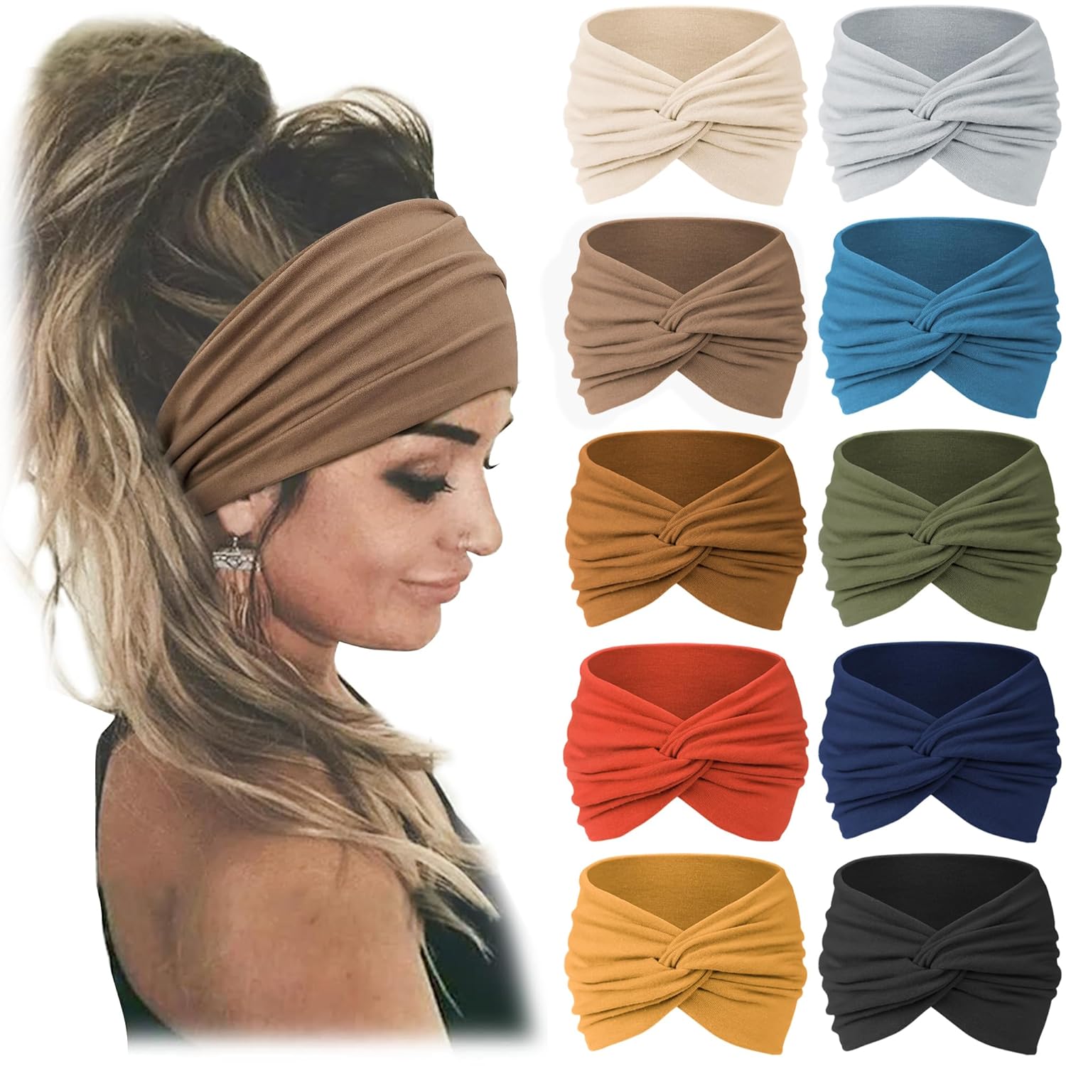 Jesries 10 PCS Extra Wide Turban Headbands for Women, Non-Slip Head