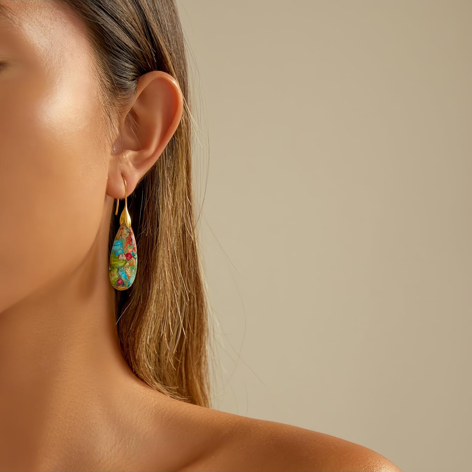 Sriomu Natural Healing Stone Fishhoop Dangle Drop Earrings Statement — view 2