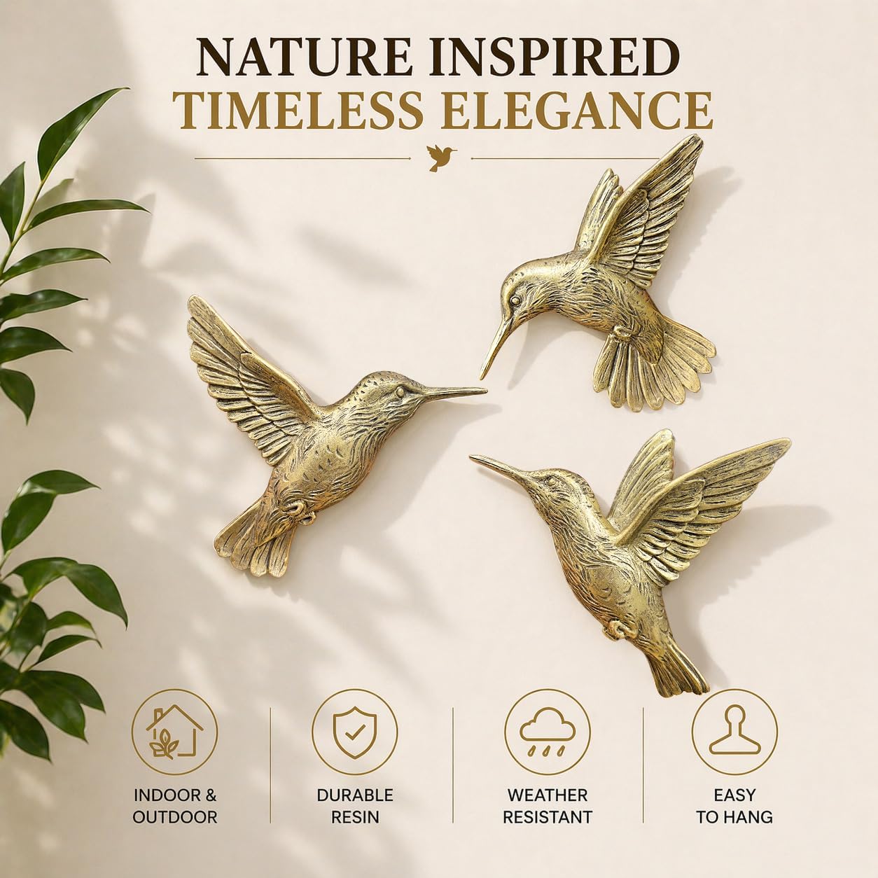 GUSFREUD 3D Hummingbird Wall Decor Set – Brass Resin Bird Wall Decor for Living