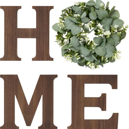 Mkono Home Sign Wall Decor, Farmhouse Wood Letters Eucalyptus for O, Brown | Rustic Wood Artificial Eucalyptus, Hanging Home Sign Wall Art, Housewarming Gift, Kitchen Living Room Entryway Apartment