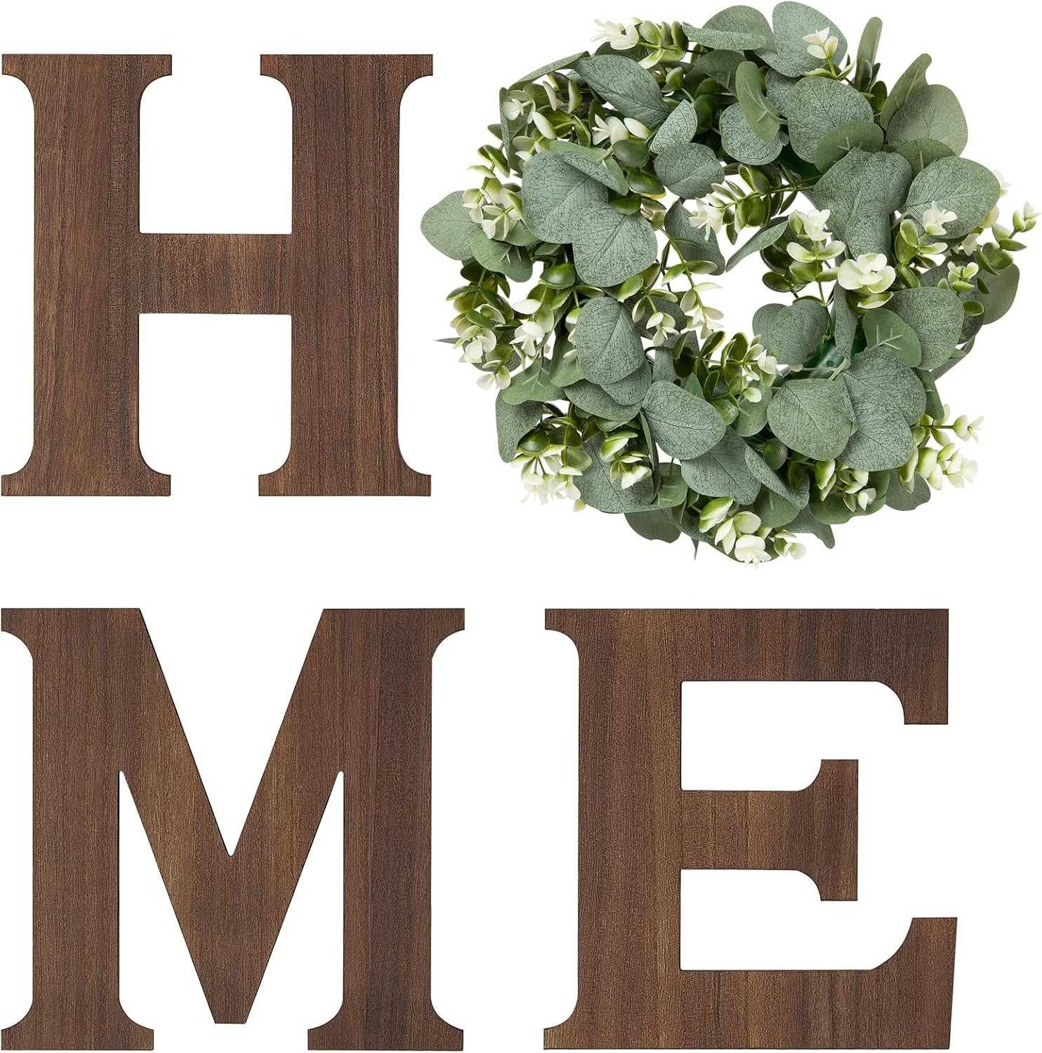 Mkono Home Sign Wall Decor, Farmhouse Wood Letters Eucalyptus for O, Brown | Rustic
