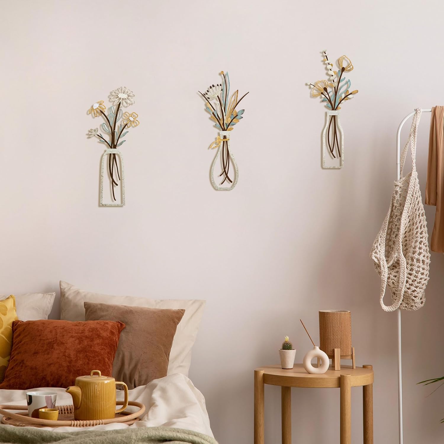 Pigort 3 Pieces Metal Flowers Wall Art- Rustic Farmhouse Decor Minimalist Decor for Living