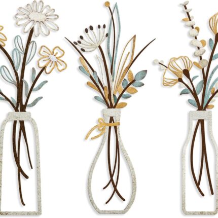 Pigort 3 Pieces Metal Flowers Wall Art- Rustic Farmhouse Decor Minimalist Decor for Living
