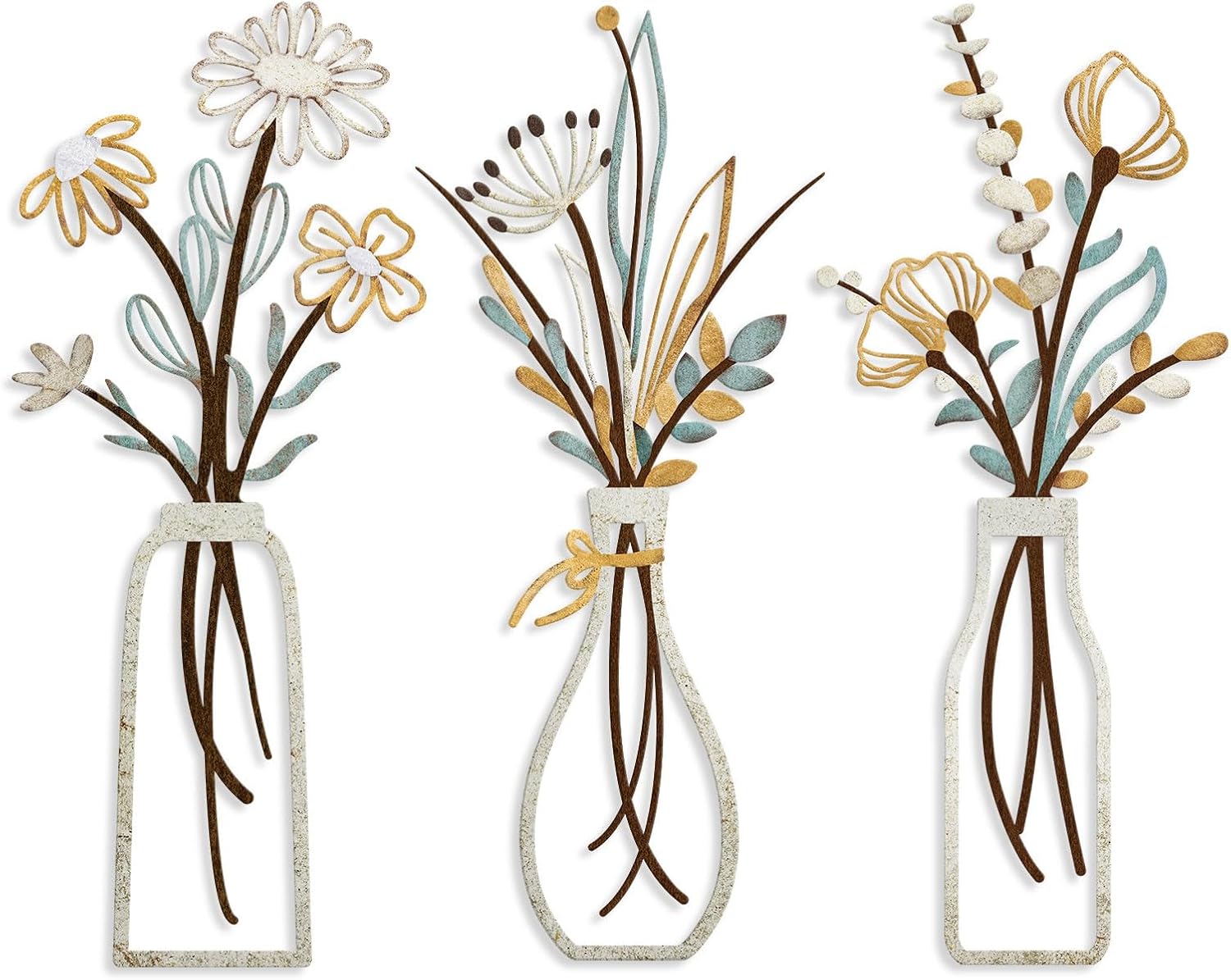 Pigort 3 Pieces Metal Flowers Wall Art- Rustic Farmhouse Decor Minimalist Decor for Living