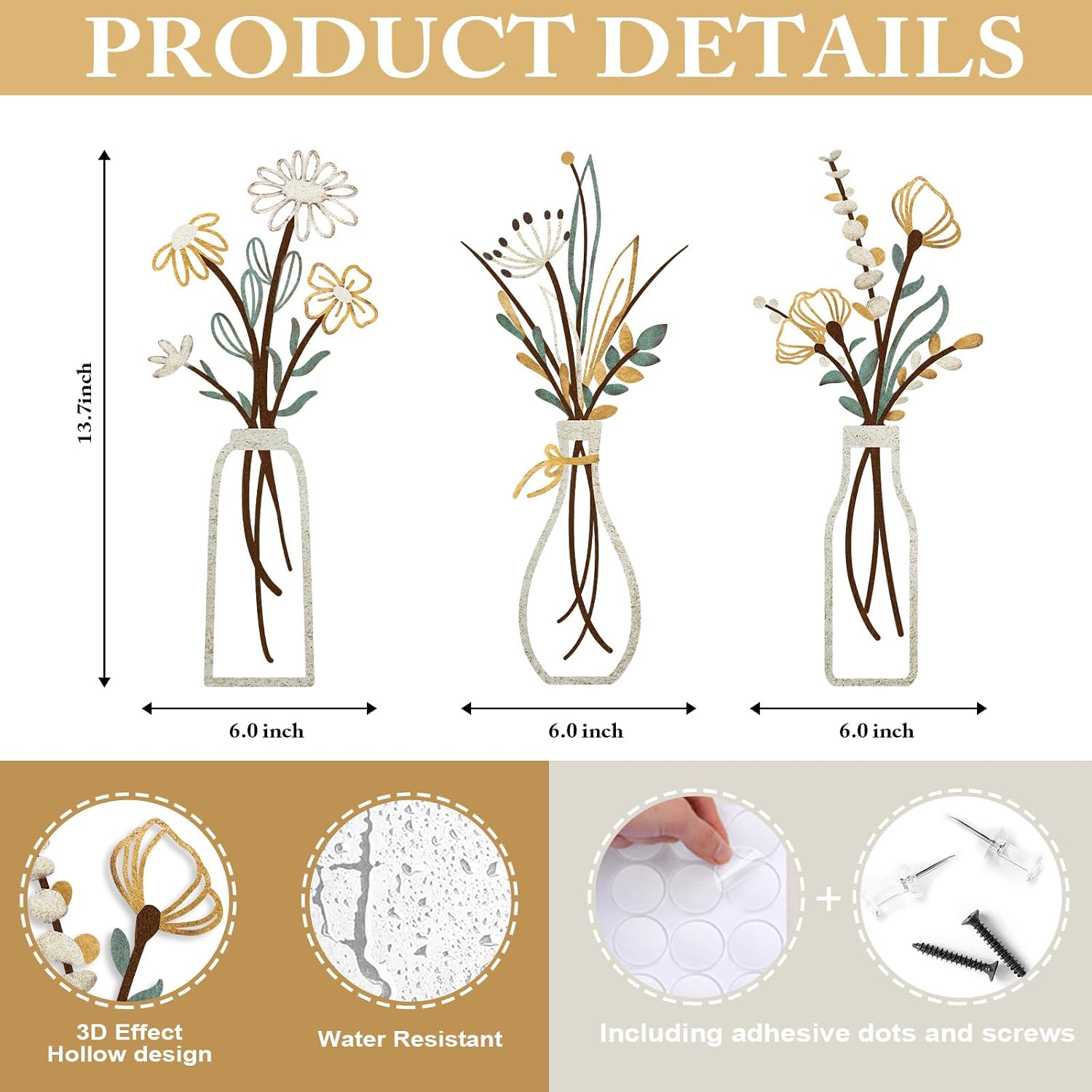 Pigort 3 Pieces Metal Flowers Wall Art- Rustic Farmhouse Decor Minimalist Decor for Living