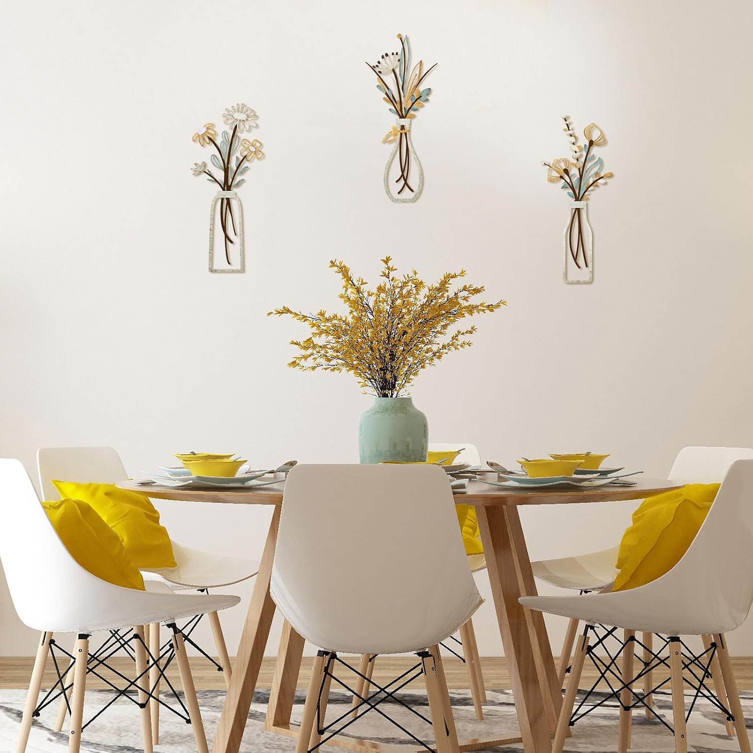 Pigort 3 Pieces Metal Flowers Wall Art- Rustic Farmhouse Decor Minimalist Decor for Living