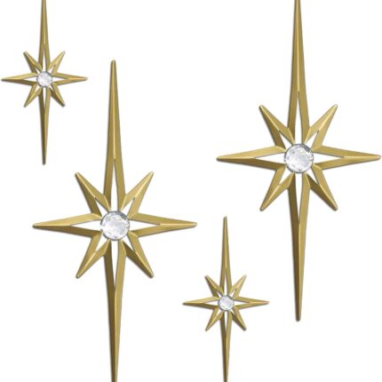 sxnzequnze 4 Pcs Star Wall Art for Home Decor Living Room Bedroom Office Metal 3D,Bling,with Hanging Hook Starburst Midcentury Sculpture Retro Gallery Accent Celestial -Gold 16.5in/9.4in