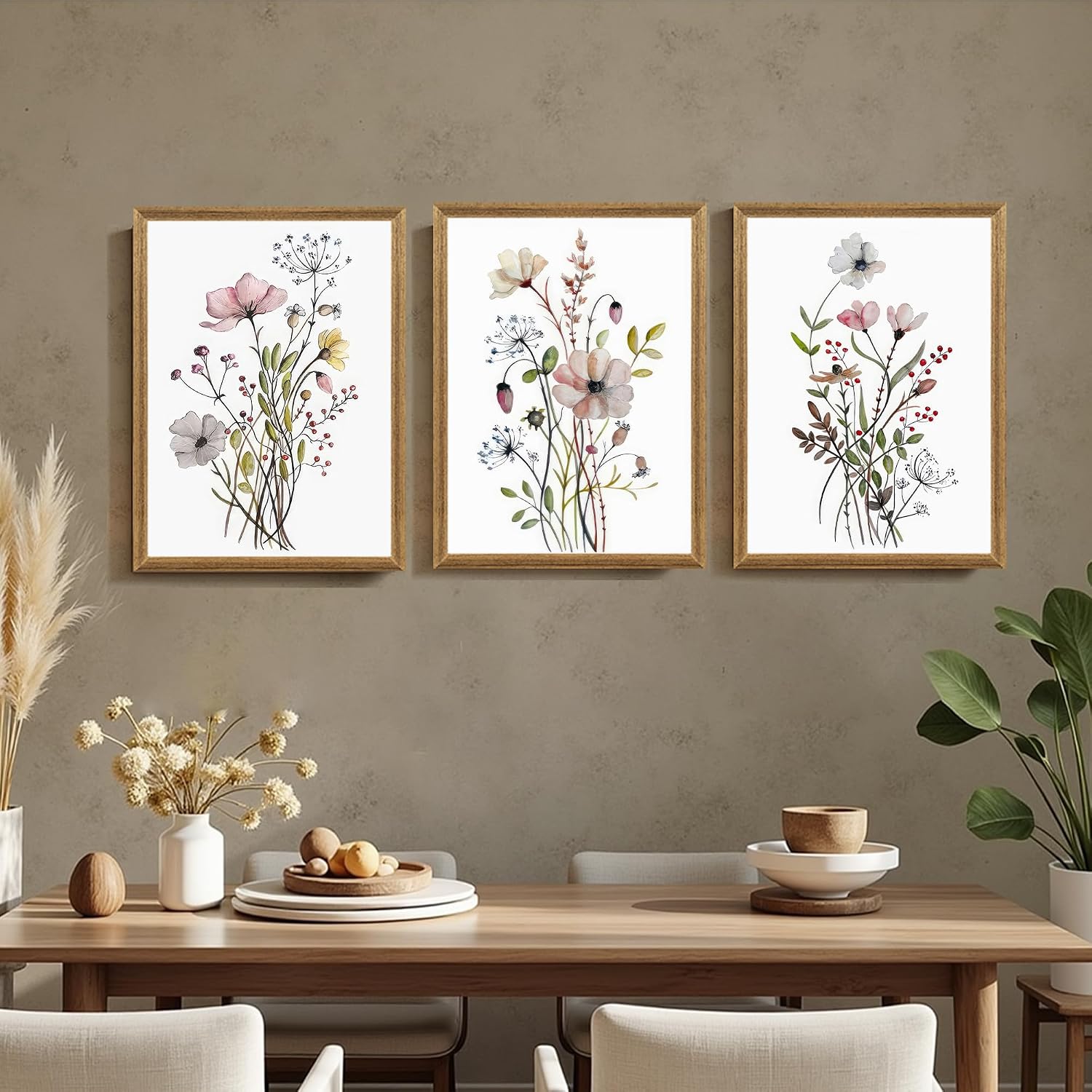 WRFON Framed Botanical Canvas Wall Art Set of 3, Watercolor Floral Prints, Framed Flower
