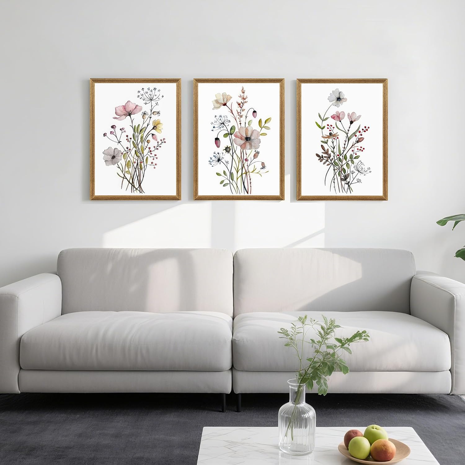 WRFON Framed Botanical Canvas Wall Art Set of 3, Watercolor Floral Prints, Framed Flower