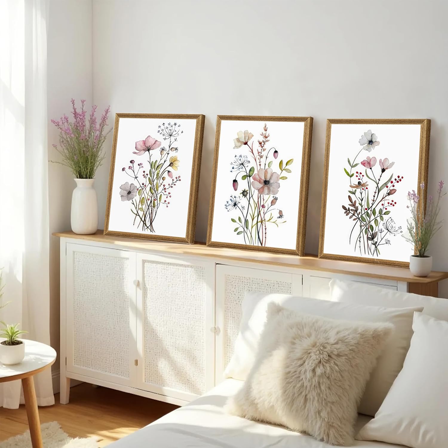WRFON Framed Botanical Canvas Wall Art Set of 3, Watercolor Floral Prints, Framed Flower
