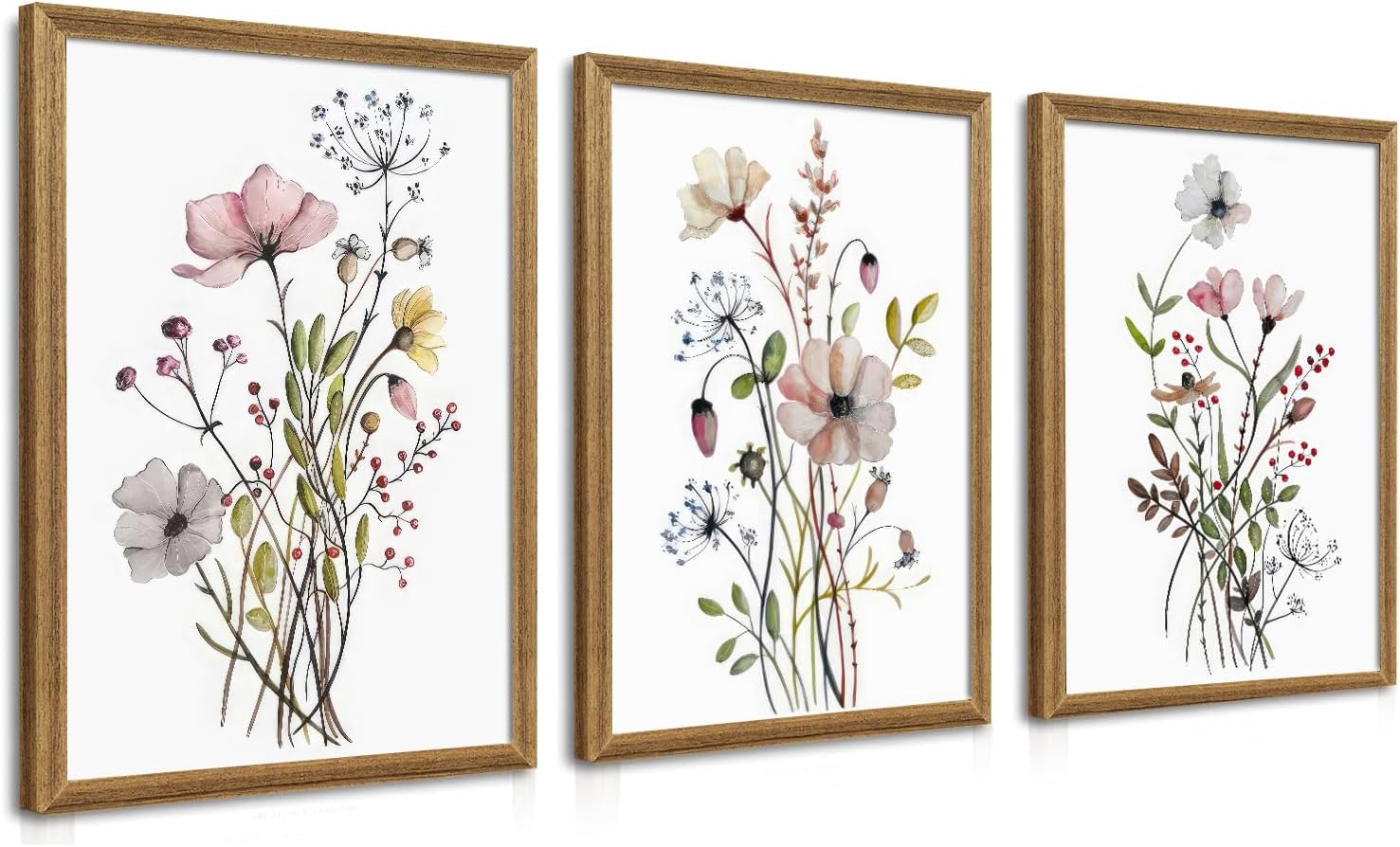 WRFON Framed Botanical Canvas Wall Art Set of 3, Watercolor Floral Prints, Framed Flower