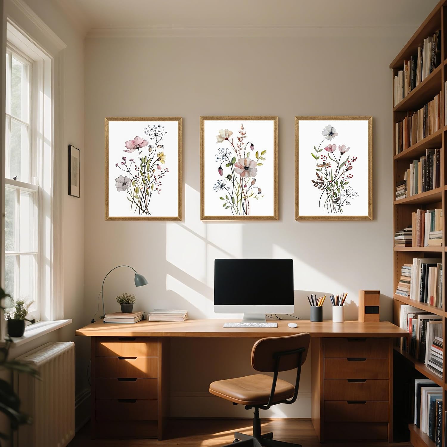 WRFON Framed Botanical Canvas Wall Art Set of 3, Watercolor Floral Prints, Framed Flower
