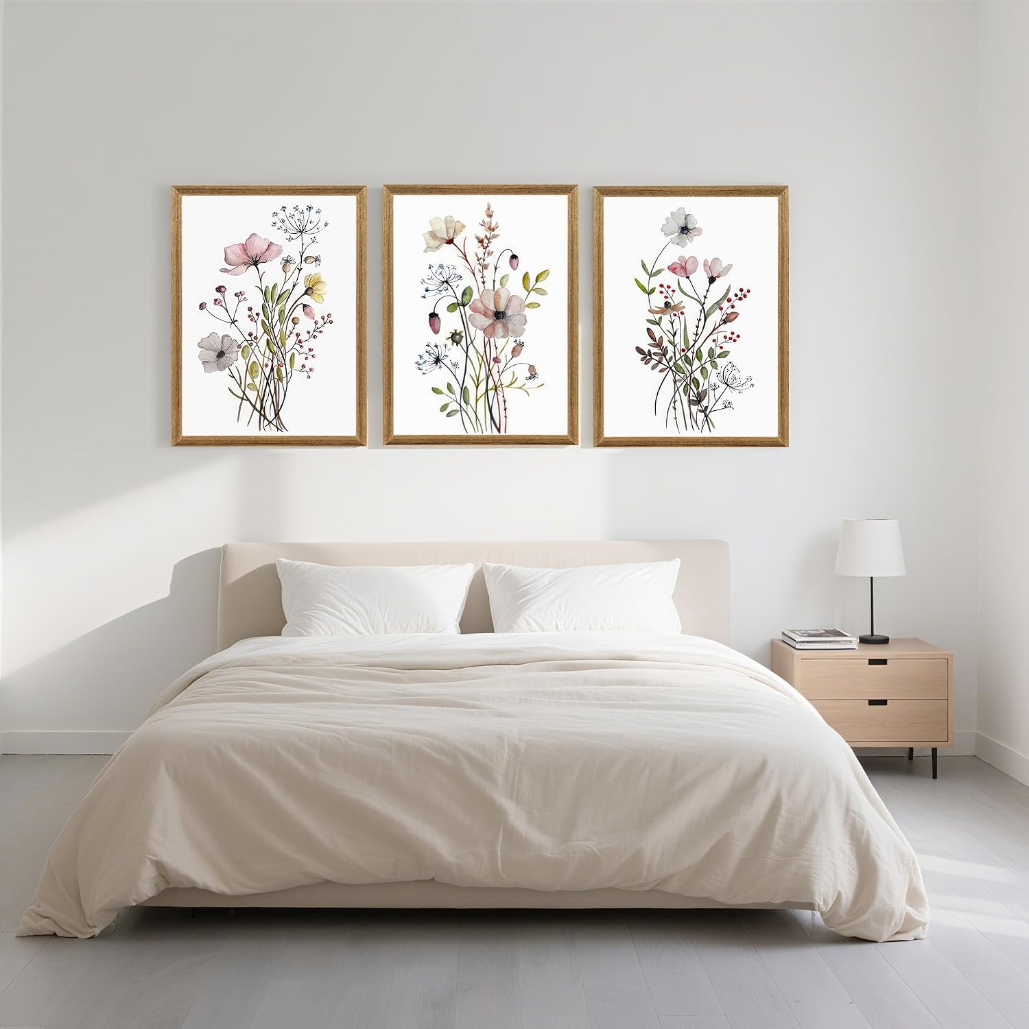 WRFON Framed Botanical Canvas Wall Art Set of 3, Watercolor Floral Prints, Framed Flower