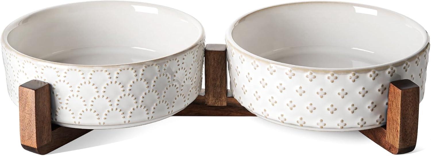 Boho Chic Elevated Ceramic Pet Bowls with Wooden Stand