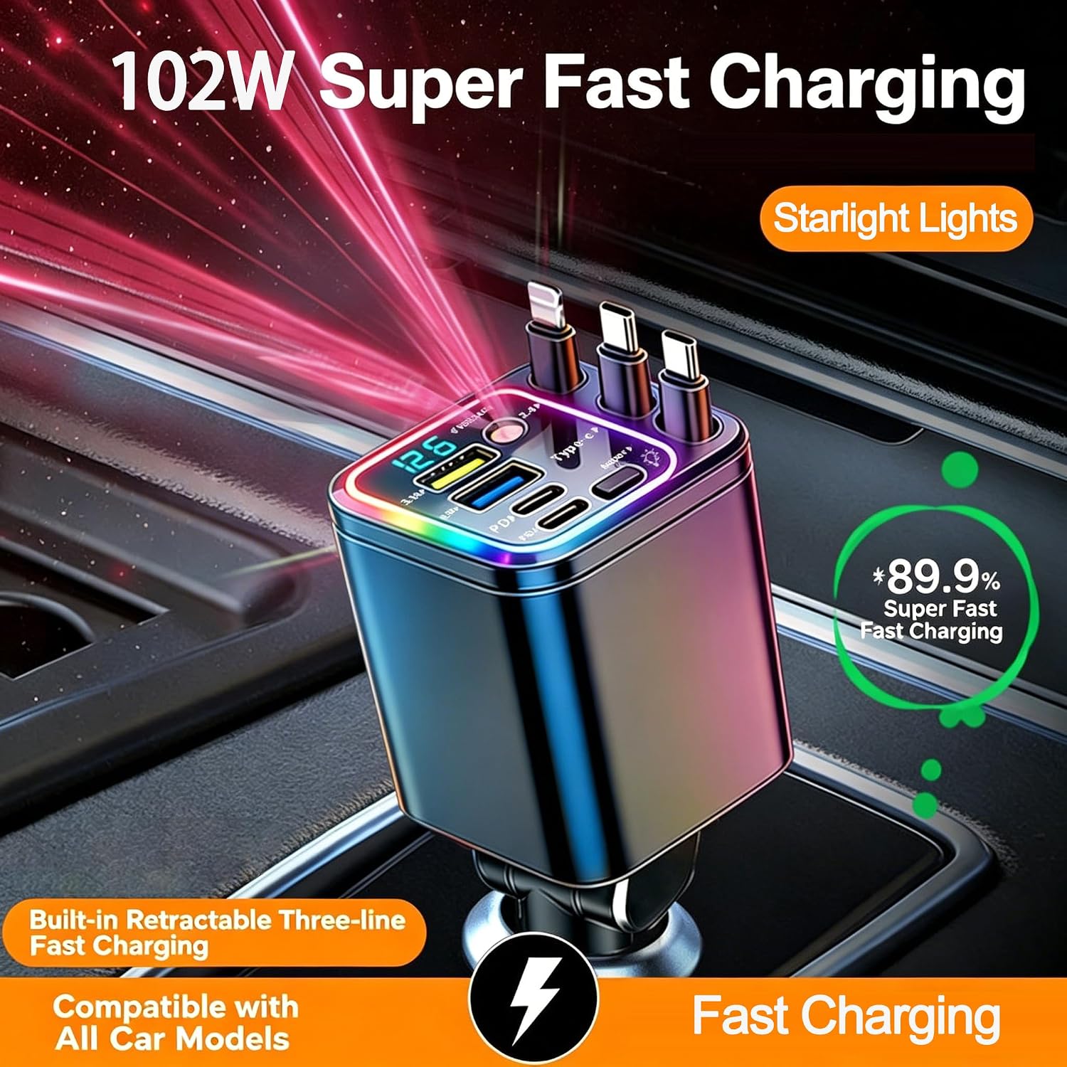 7 in 1 Retractable Car Charger,102W Star Lights Fast Charging Car Charger | Car