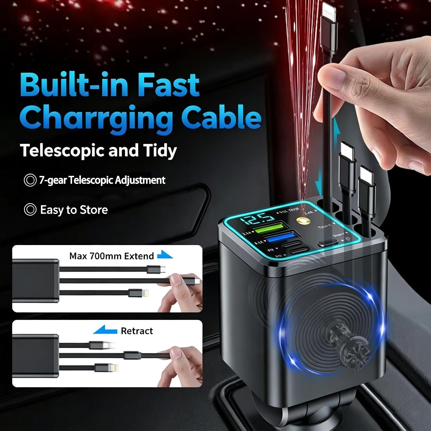 7 in 1 Retractable Car Charger,102W Star Lights Fast Charging Car Charger | Car
