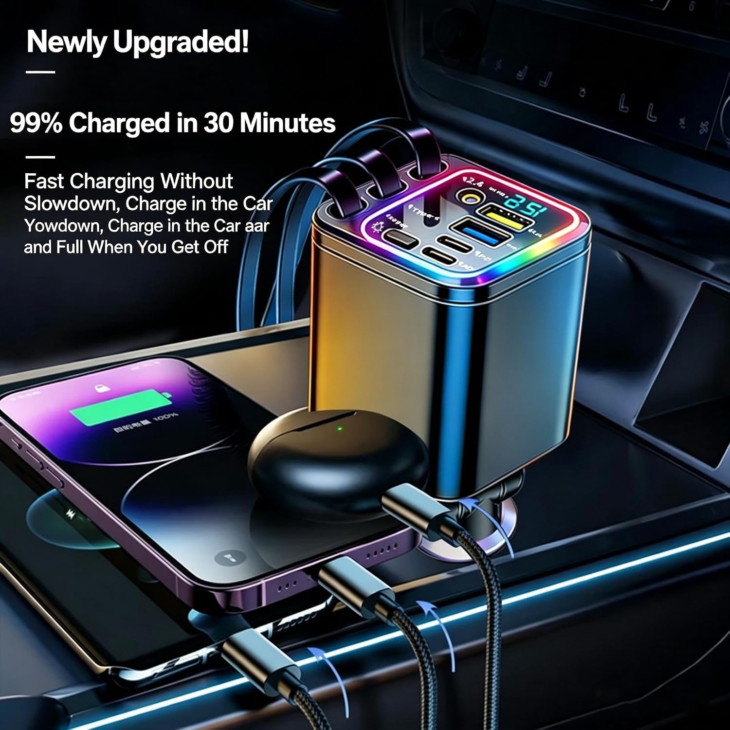 7 in 1 Retractable Car Charger,102W Star Lights Fast Charging Car Charger | Car