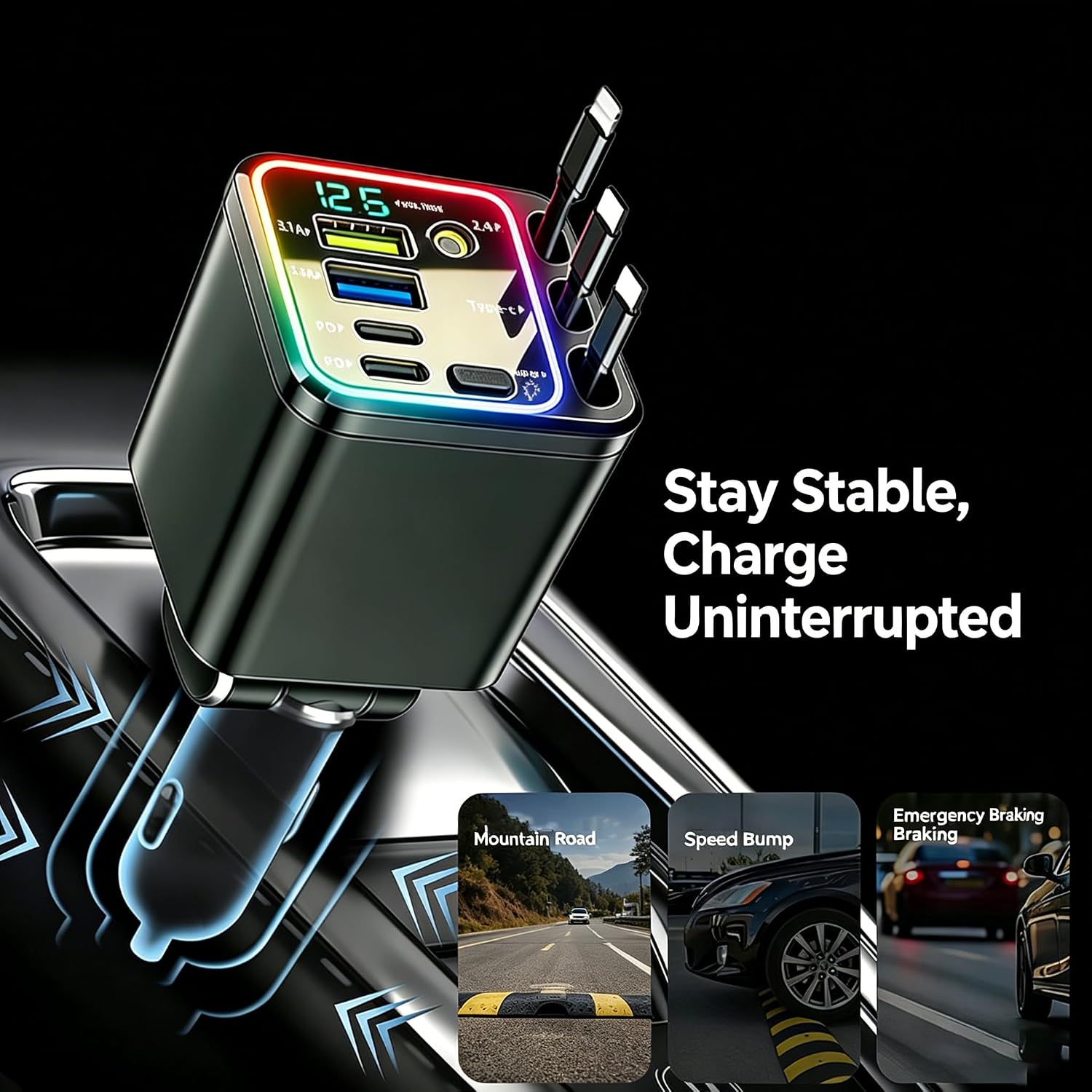 7 in 1 Retractable Car Charger,102W Star Lights Fast Charging Car Charger | Car