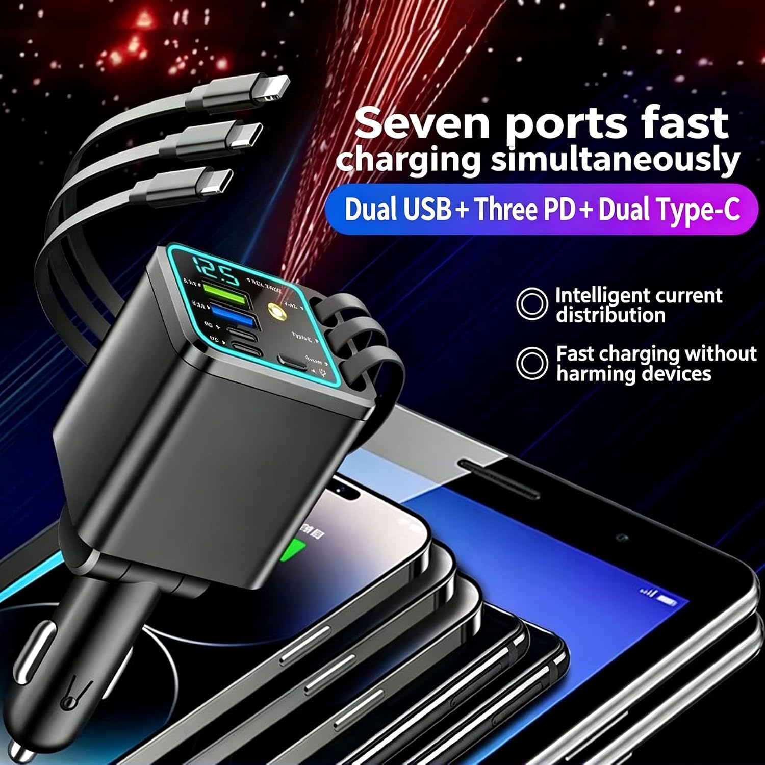 7 in 1 Retractable Car Charger,102W Star Lights Fast Charging Car Charger | Car