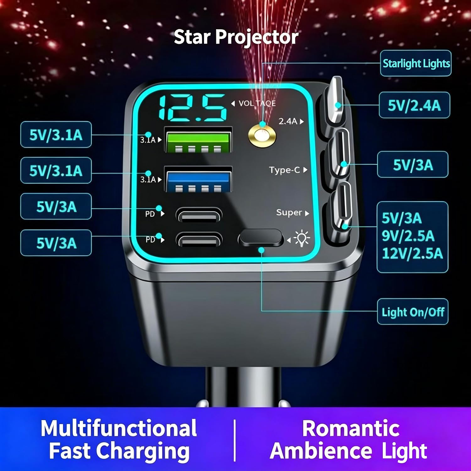 7 in 1 Retractable Car Charger,102W Star Lights Fast Charging Car Charger | Car