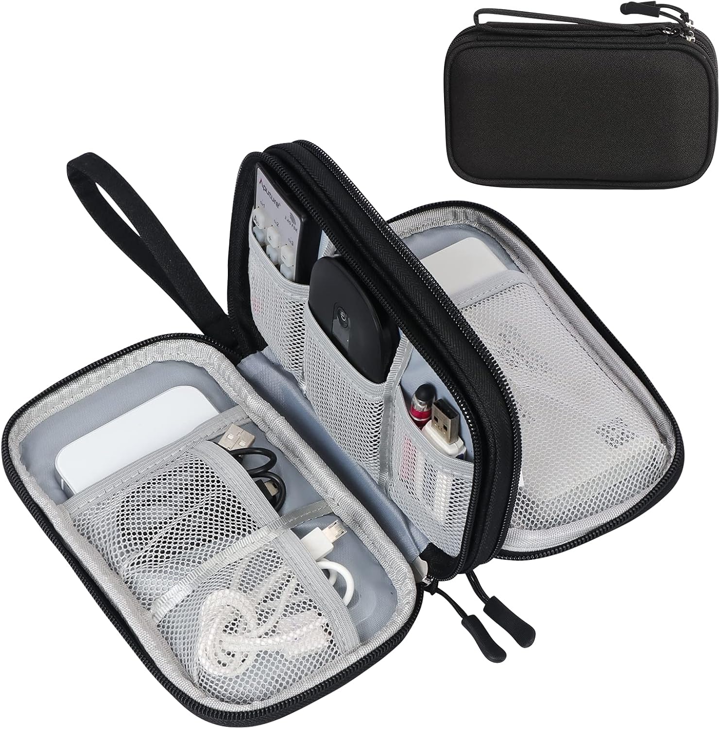 FYY Electronic Organizer, Travel Tech Pouch Bag, Cable Organizer Black | Wrist Strap, Waterproof, Double Layers Portable Electronics Travel Carrying Case for Cord, Charger, Daily Business Trips Use