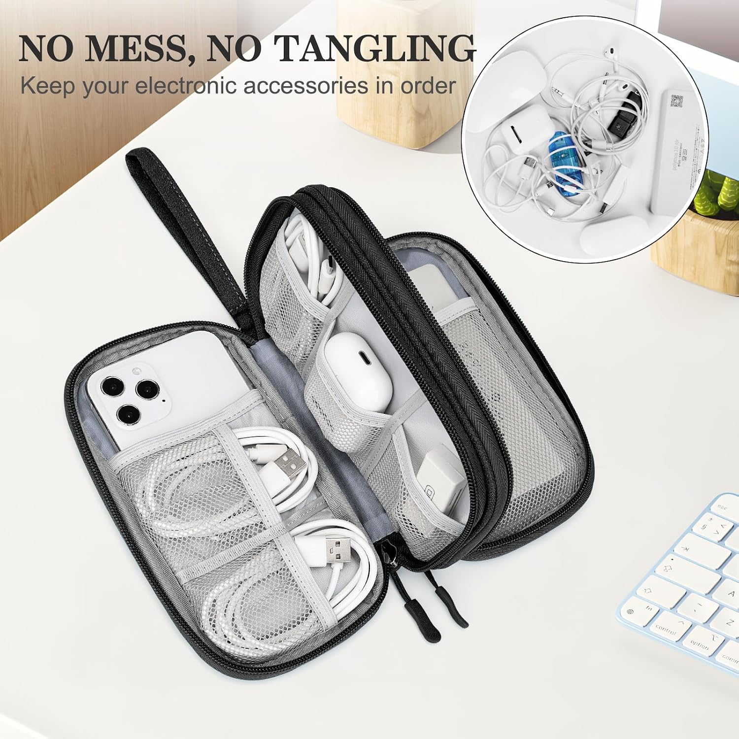FYY Electronic Organizer, Travel Tech Pouch Bag, Cable Organizer Black | Wrist Strap, Waterproof,