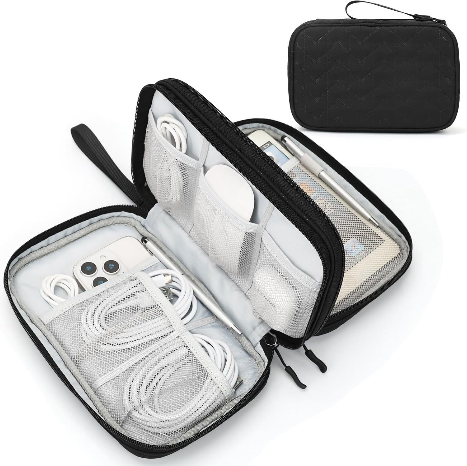 FYY Electronic Organizer, Travel Tech Pouch Bag, Cable Organizer Black | Wrist Strap, Waterproof,
