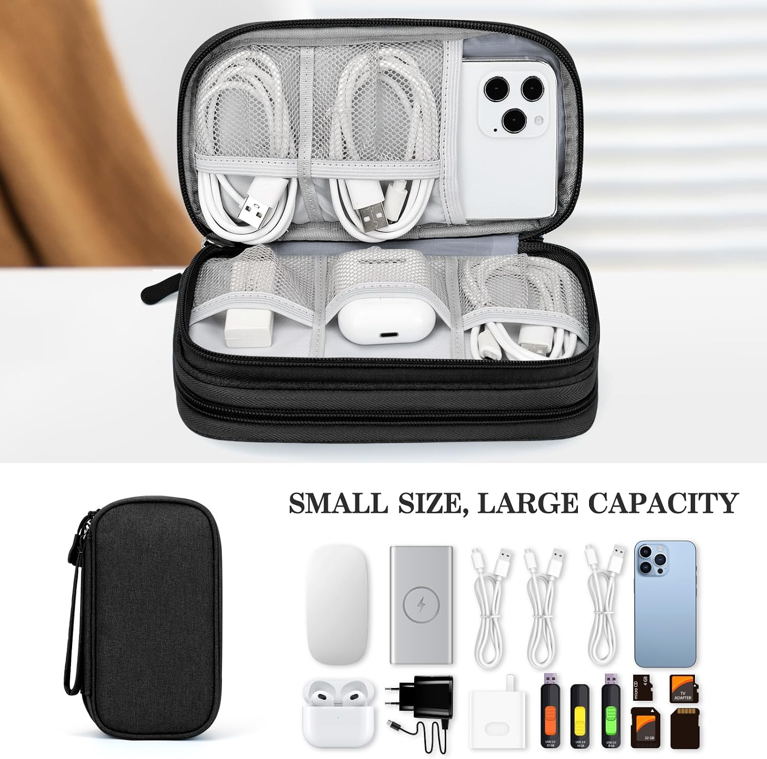 FYY Electronic Organizer, Travel Tech Pouch Bag, Cable Organizer Black | Wrist Strap, Waterproof,