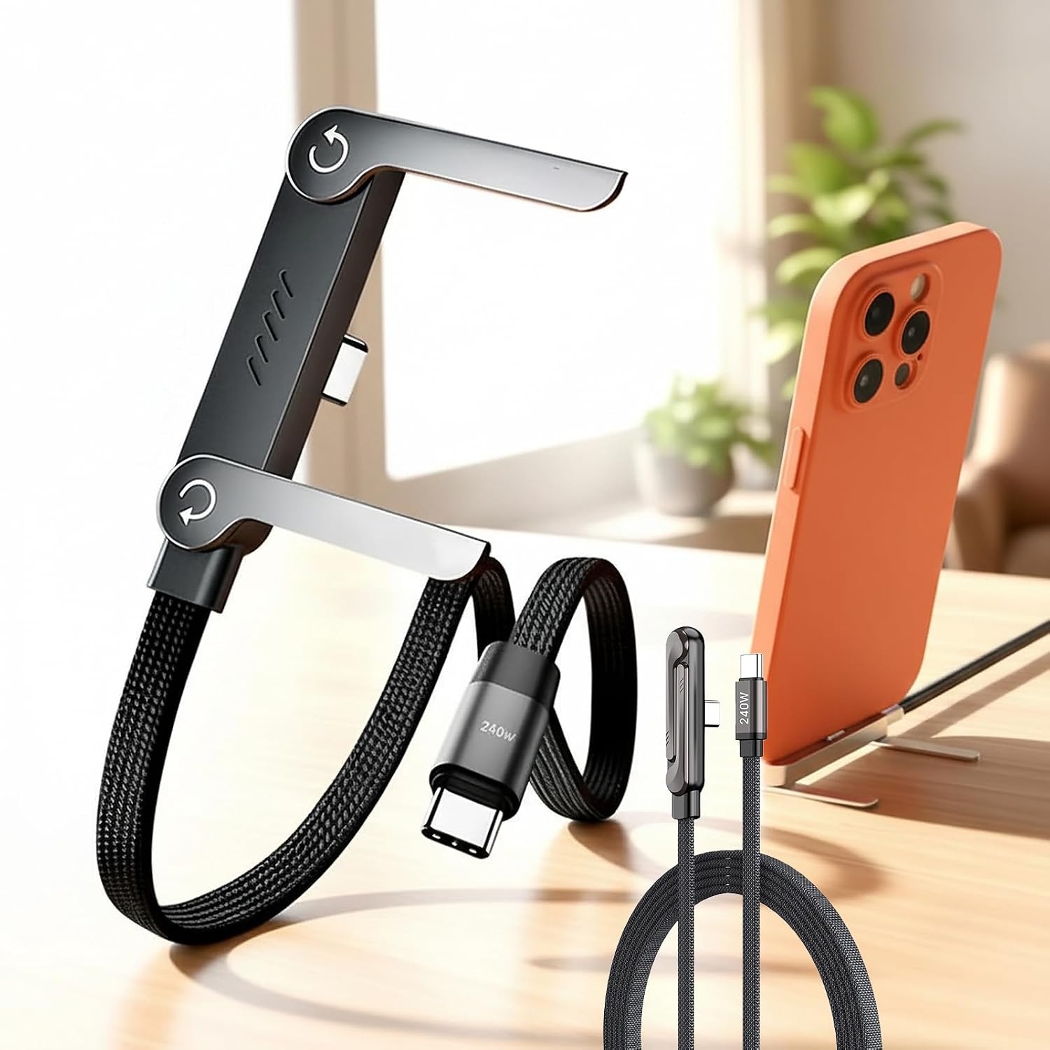 Invisible Holder Charger Cable with Stand, 240w Super Fast Charging 2-in-1 Fast Charging Cord & Multi-Angle Phone Stand for Gaming, Office, Car Travel, Type-C Charging-Cable (Black, 1.5m)