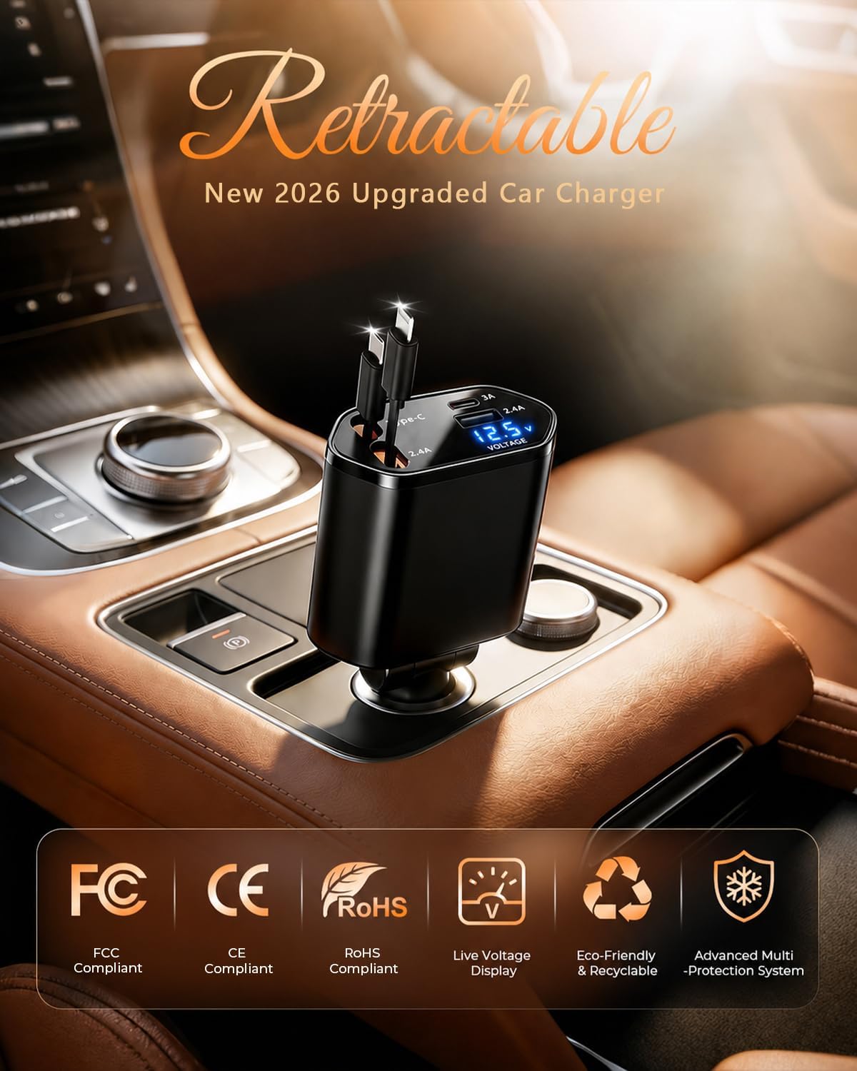 MimAuto 4 in 1 Retractable Car Charger, USB C Fast Charging Adapter, Black |