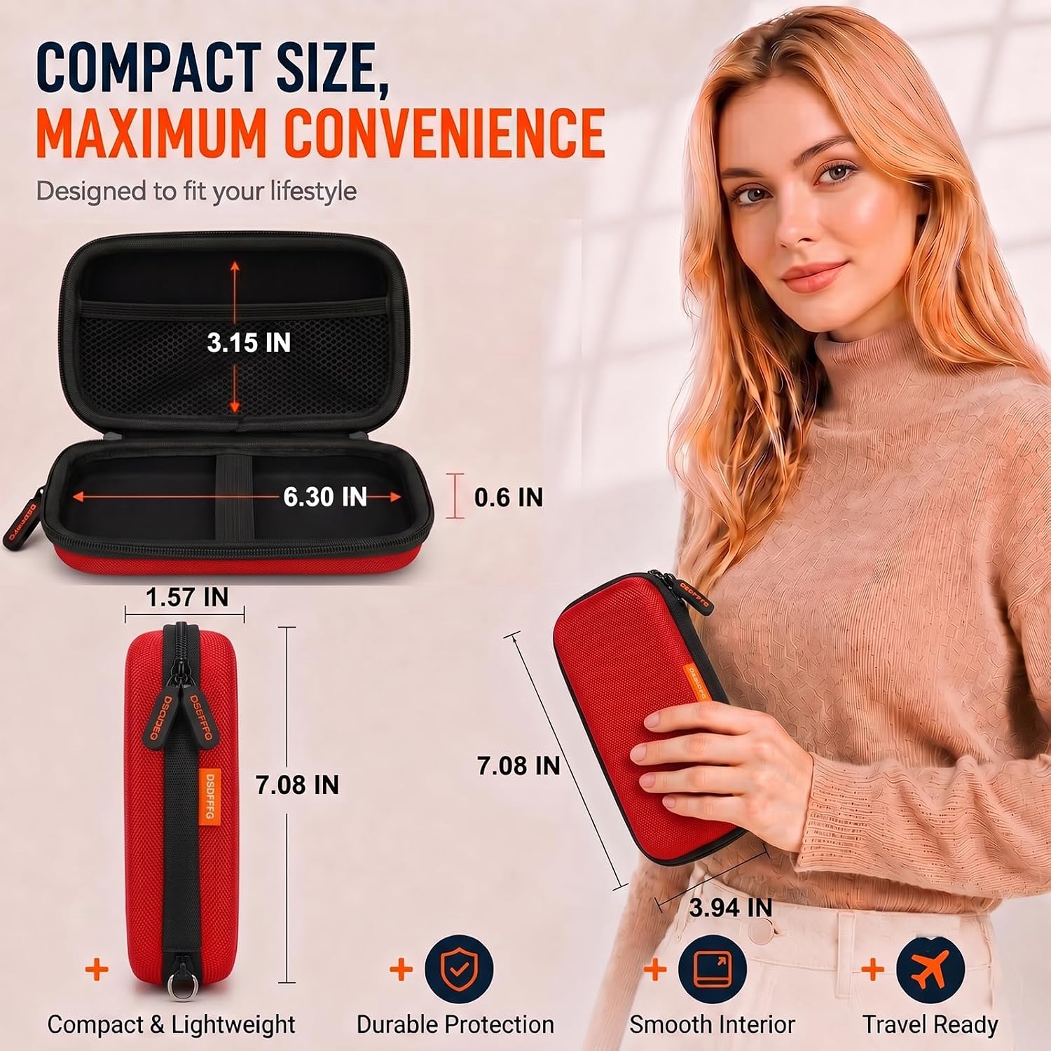 Small Hard Shell EVA Zipper Carrying Case for Electronic Accessories, Red | Portable Protective