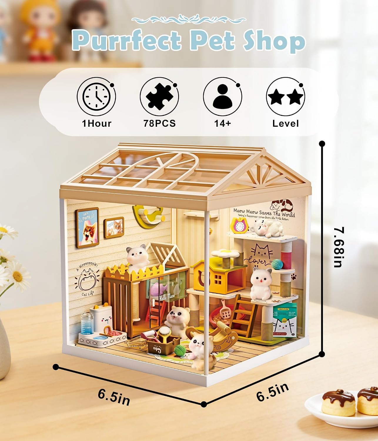 DIY Miniature Cat Shop House Kit with LED Light and Display Case