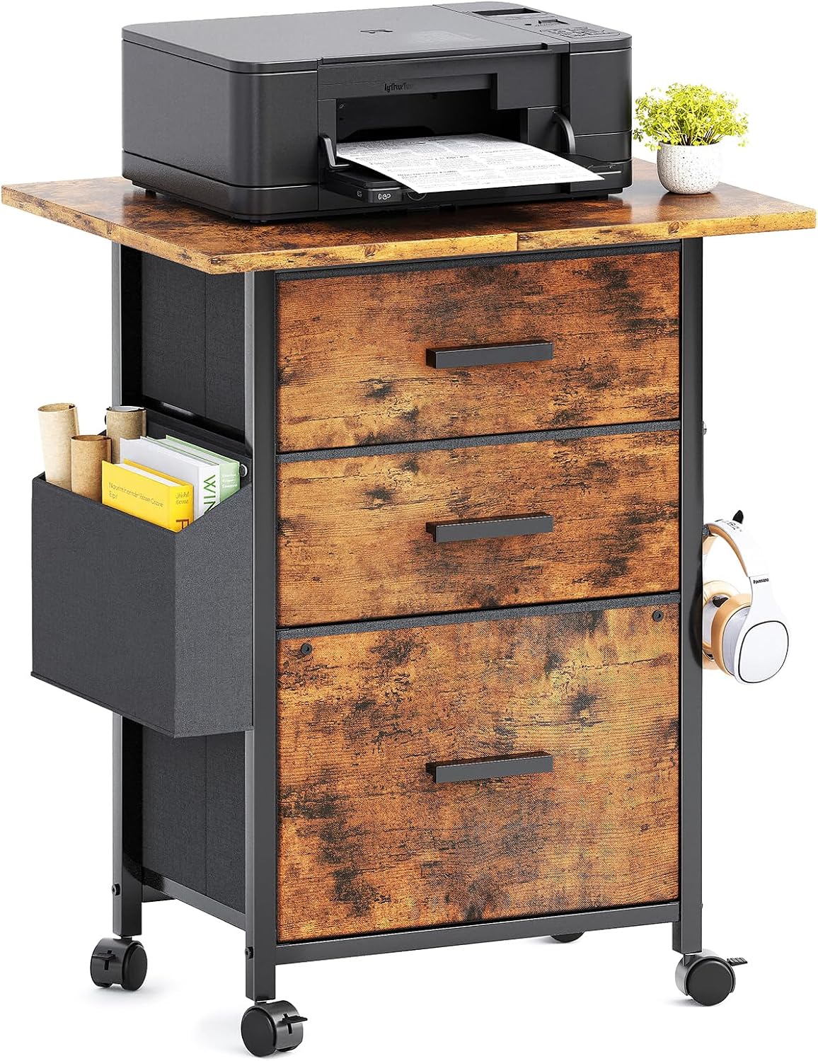 3-Drawer Mobile File Cabinet with 22" Wide Printer Stand, Fabric Under Desk Filing Cabinet with — view 10