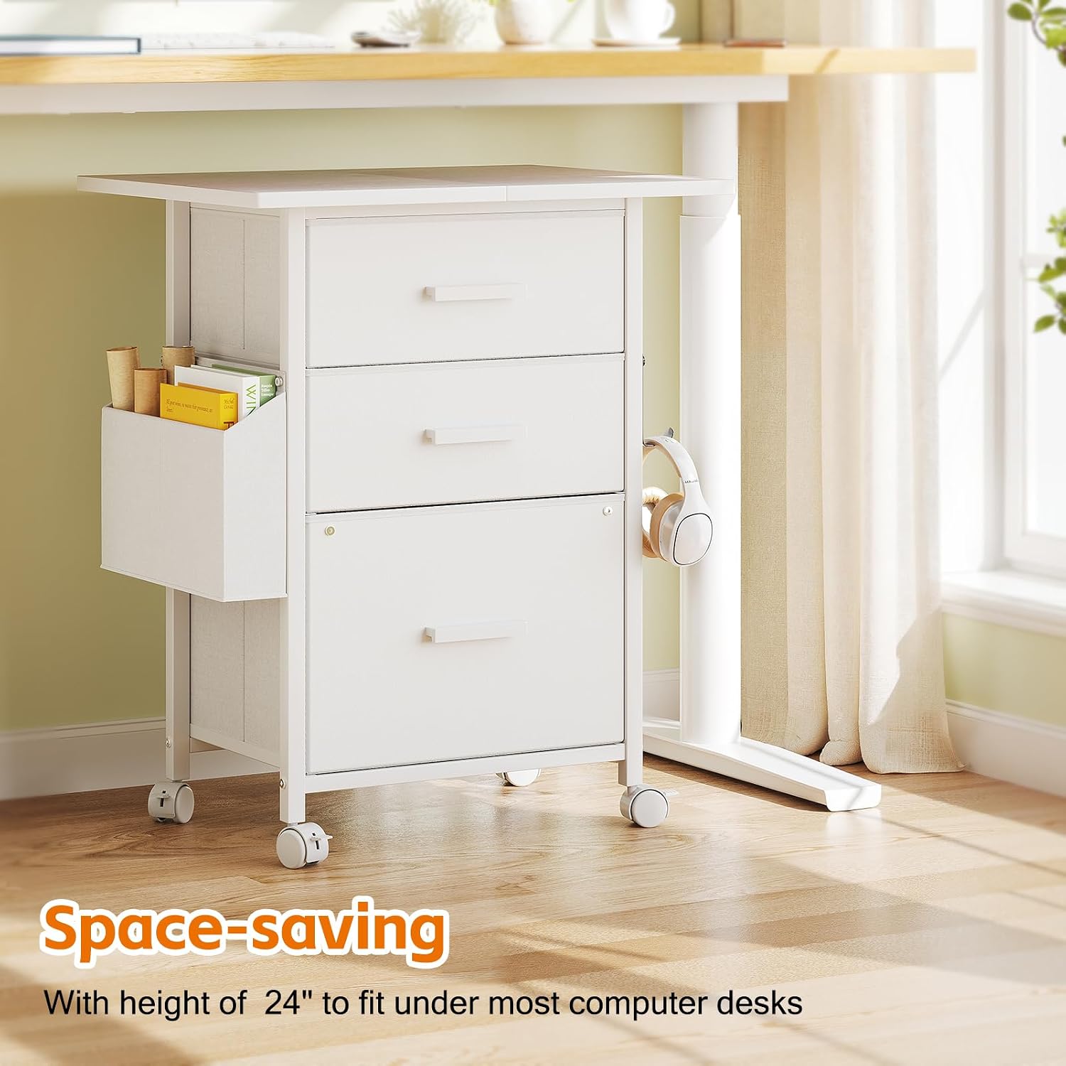 3-Drawer Mobile File Cabinet with 22" Wide Printer Stand, Fabric Under Desk Filing Cabinet with — view 7
