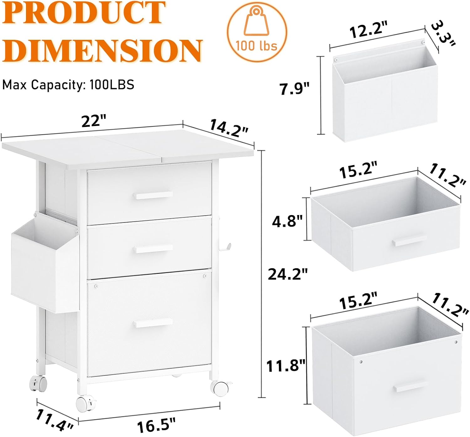 3-Drawer Mobile File Cabinet with 22" Wide Printer Stand, Fabric Under Desk Filing Cabinet with — view 3