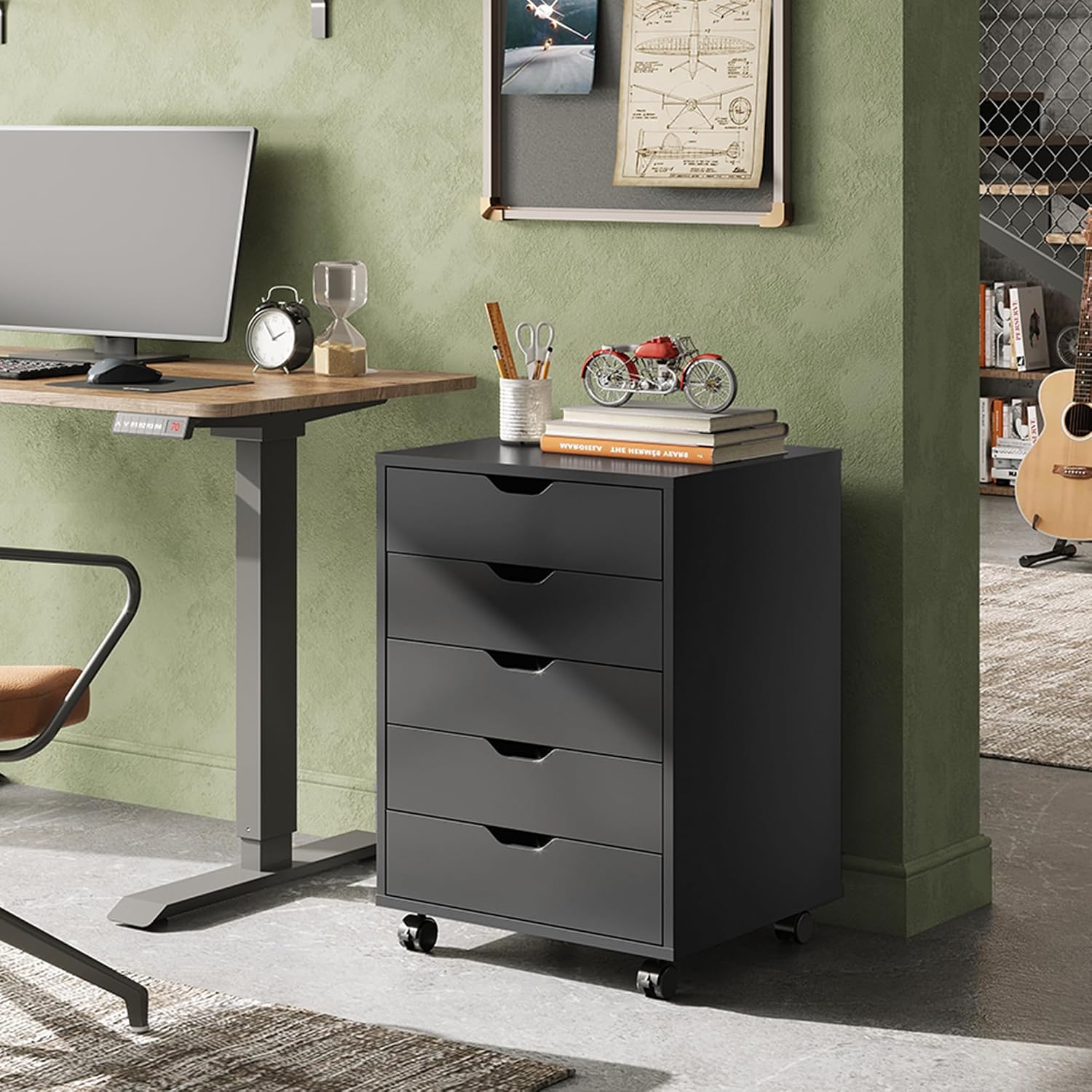 DEVAISE 5-Drawer Filing Cabinet, Under Desk file Cabinet, Black - Wood, Office Storage Cabinet — view 2