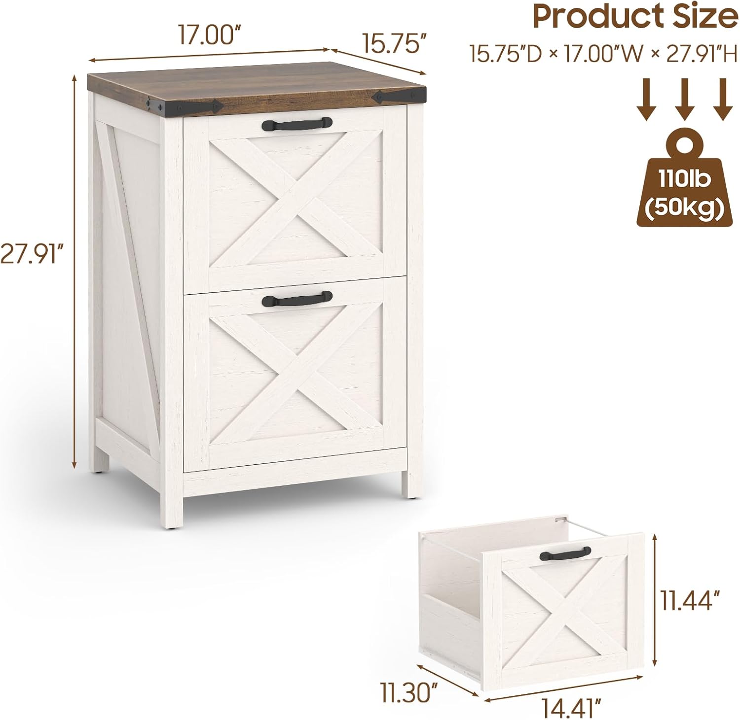 Farmhouse File Cabinet with 2 Drawers for Home Office, White and Brown — view 3