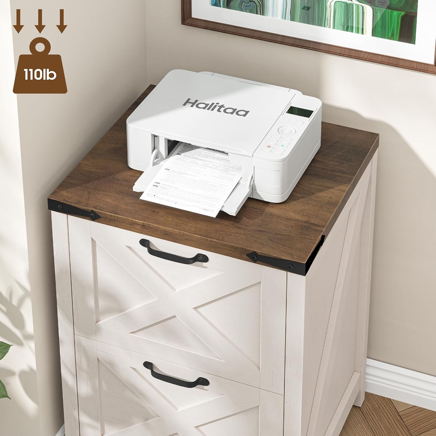 Farmhouse File Cabinet with 2 Drawers for Home Office, White and Brown — view 7
