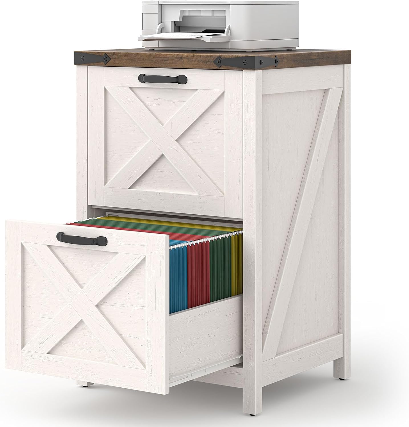 Farmhouse File Cabinet with 2 Drawers for Home Office, White and Brown