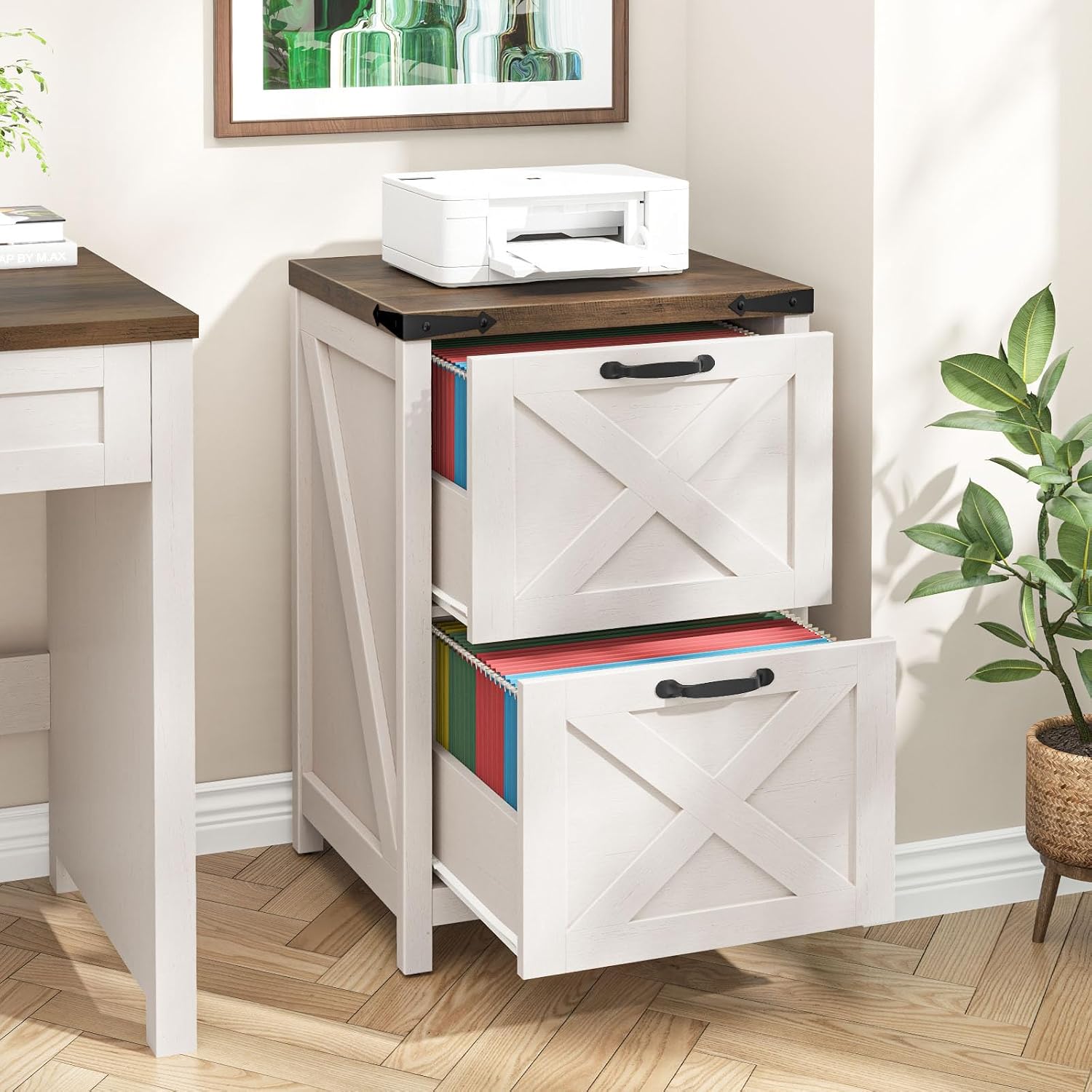 Farmhouse File Cabinet with 2 Drawers for Home Office, White and Brown — view 2